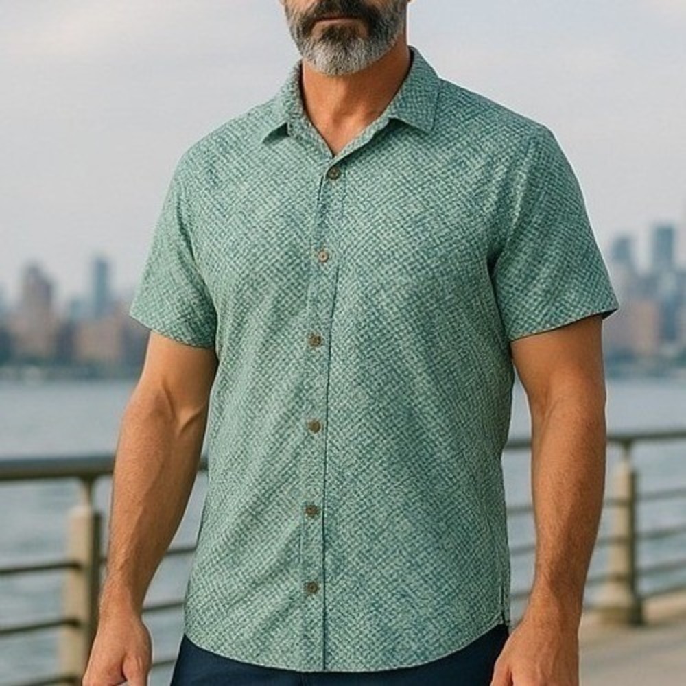 Caribbean Joe Teal Geometric Shirt Mens Size XL Beachy Vacation Coastal Travel
